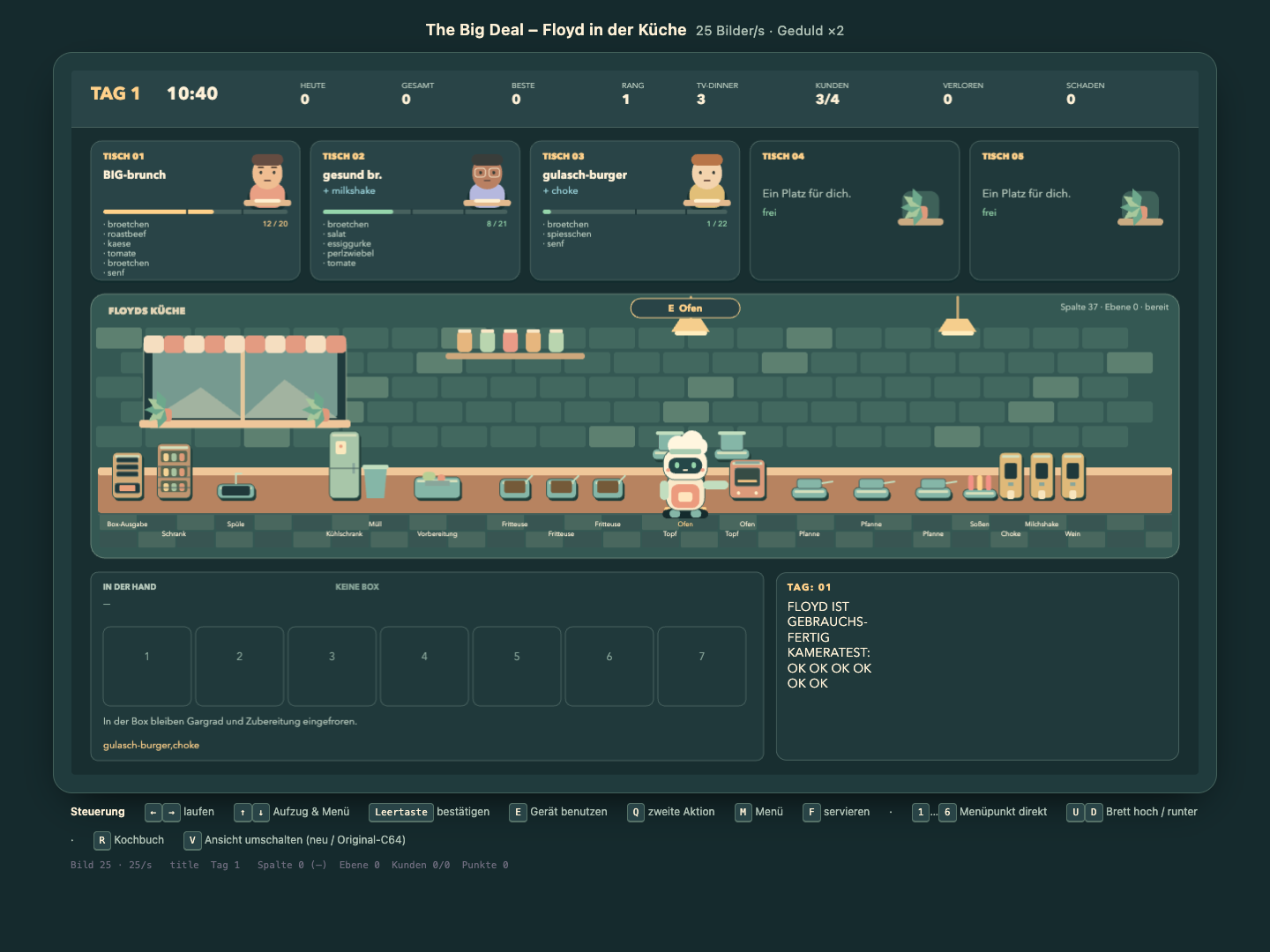 The new kitchen: five tables with their orders, the whole kitchen, the box and the game's own message window